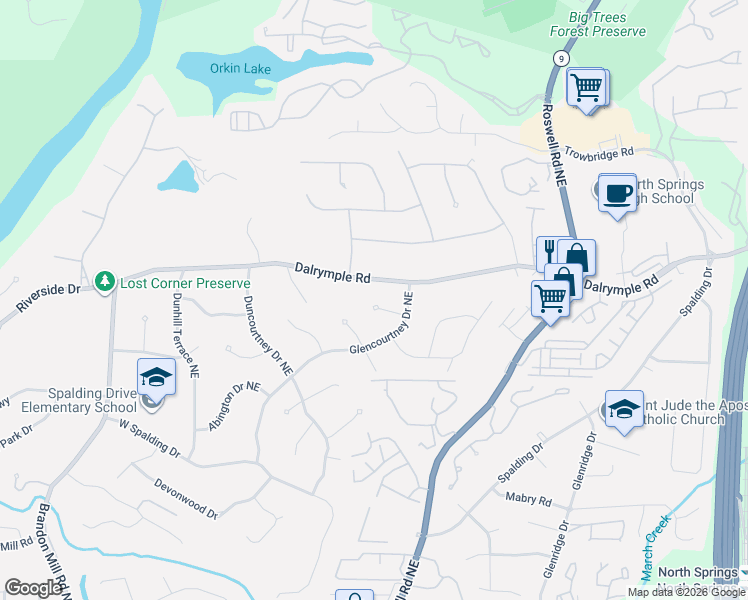 map of restaurants, bars, coffee shops, grocery stores, and more near 425 Grenock Circle Northeast in Atlanta