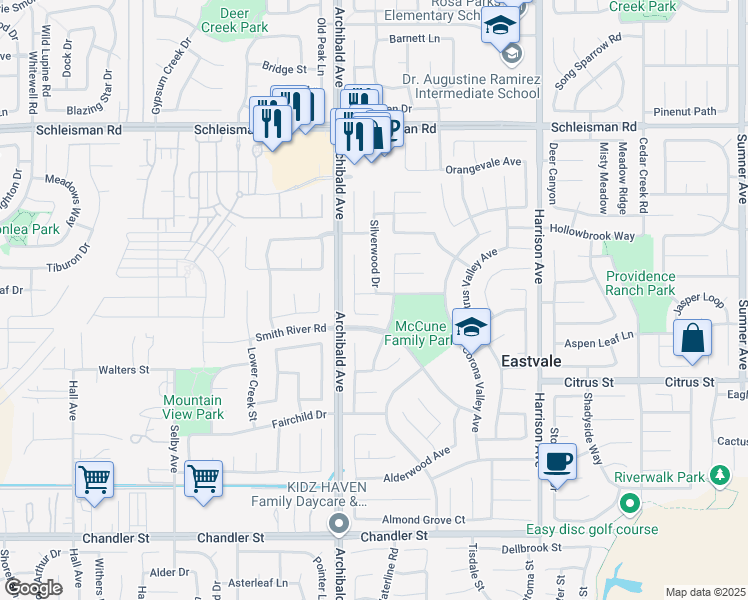 map of restaurants, bars, coffee shops, grocery stores, and more near 14153 Parkwood Avenue in Eastvale
