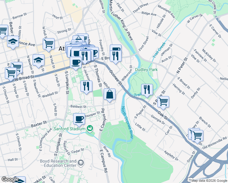 map of restaurants, bars, coffee shops, grocery stores, and more near 220 Williams Street in Athens