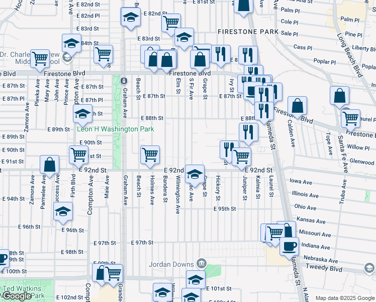 map of restaurants, bars, coffee shops, grocery stores, and more near 9103 South Fir Avenue in Los Angeles