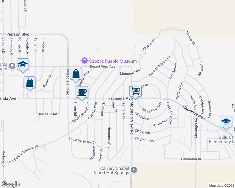 map of restaurants, bars, coffee shops, grocery stores, and more near 12920 Inaja Street in Desert Hot Springs