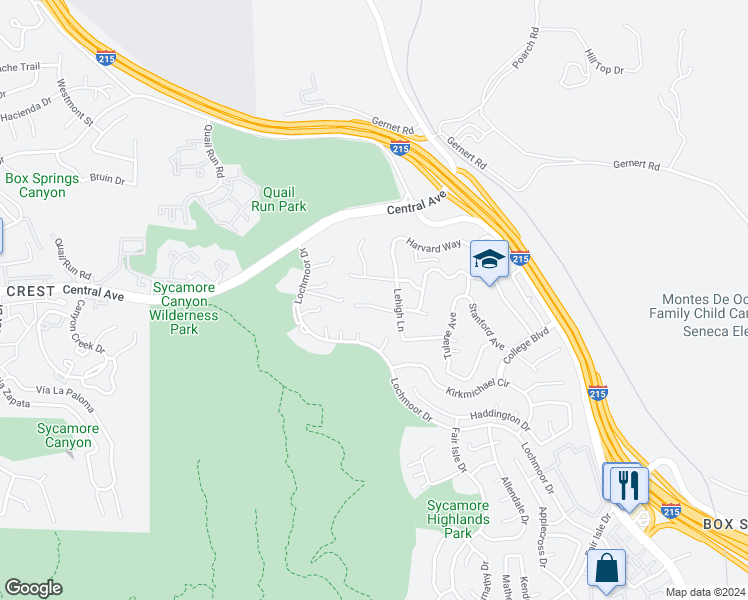 map of restaurants, bars, coffee shops, grocery stores, and more near 20079 West Point Drive in Riverside