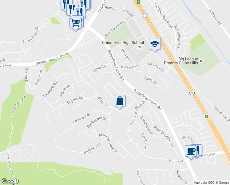 map of restaurants, bars, coffee shops, grocery stores, and more near 16452 Quail Ridge Lane in Chino Hills