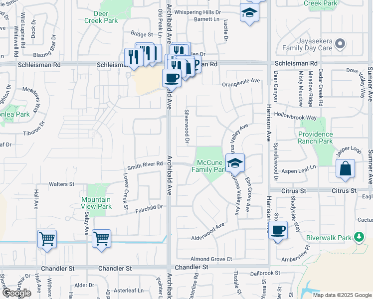 map of restaurants, bars, coffee shops, grocery stores, and more near 14153 Parkwood Avenue in Eastvale
