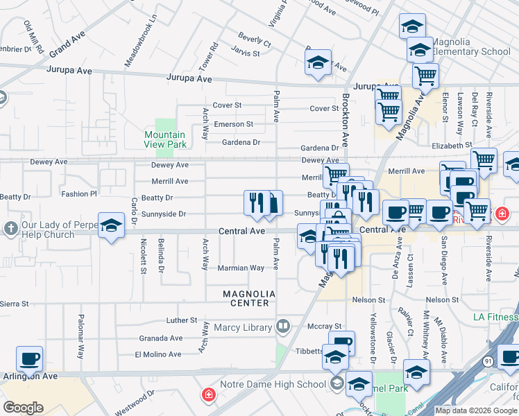 map of restaurants, bars, coffee shops, grocery stores, and more near 4538 Sunnyside Drive in Riverside