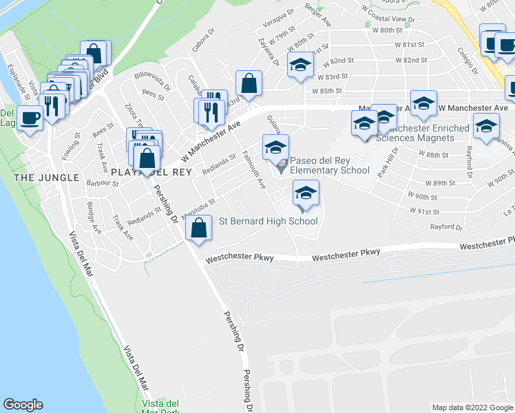 map of restaurants, bars, coffee shops, grocery stores, and more near 8707 Falmouth Avenue in Los Angeles