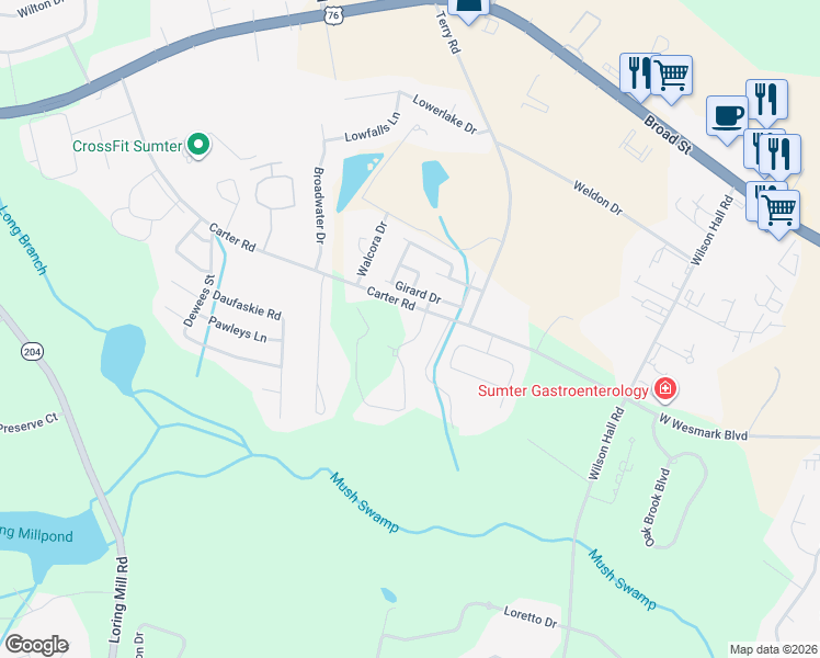 map of restaurants, bars, coffee shops, grocery stores, and more near 1265 Summit Drive in Sumter