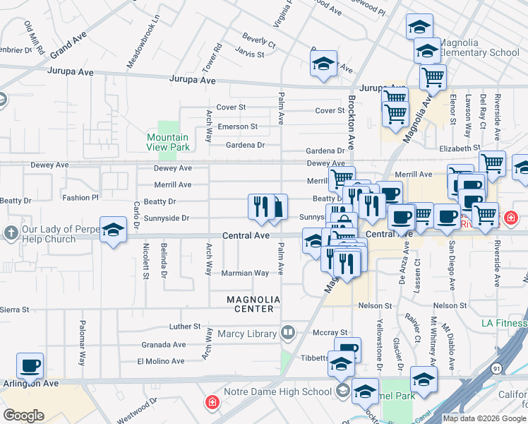 map of restaurants, bars, coffee shops, grocery stores, and more near 4545 Sunnyside Drive in Riverside