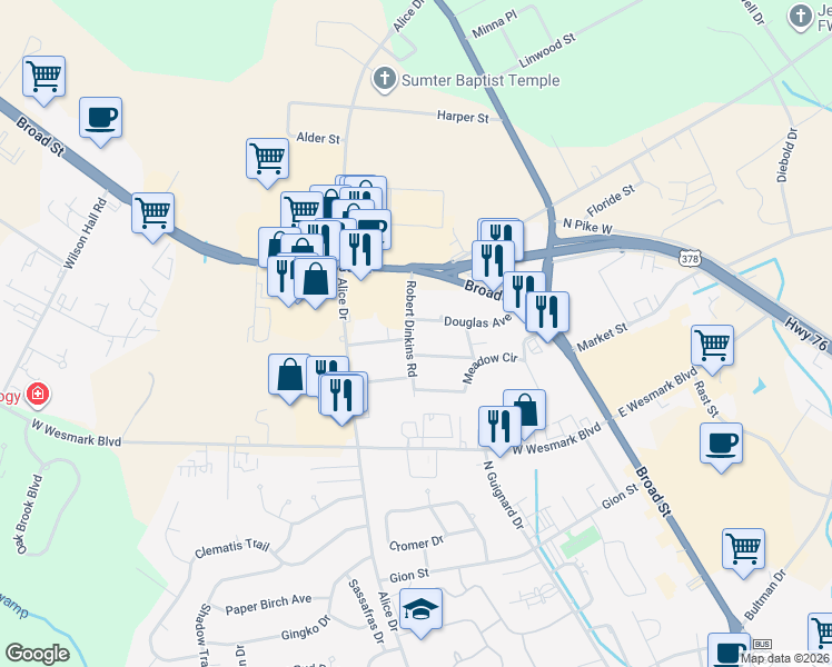 map of restaurants, bars, coffee shops, grocery stores, and more near 789 Kenyon Avenue in Sumter