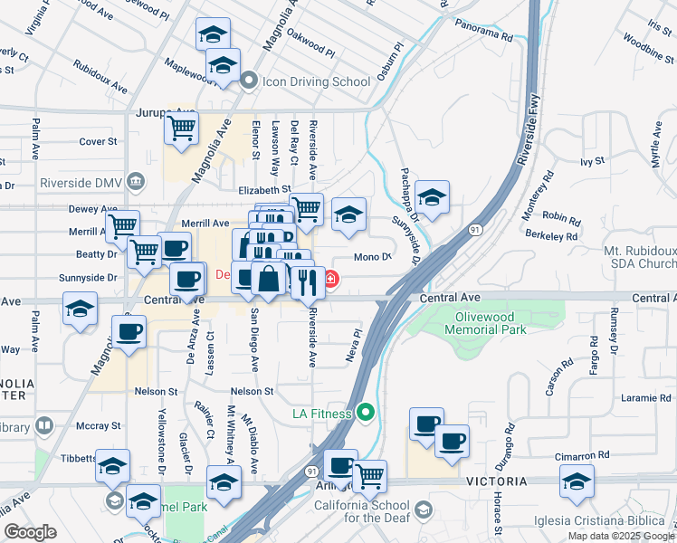 map of restaurants, bars, coffee shops, grocery stores, and more near 3481 Sunnyside Drive in Riverside