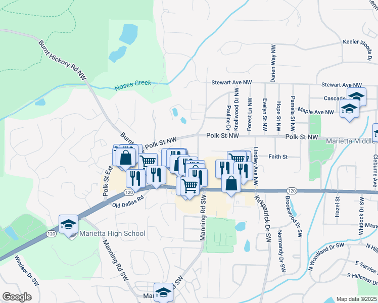 map of restaurants, bars, coffee shops, grocery stores, and more near 917 Wemberley Lane in Marietta