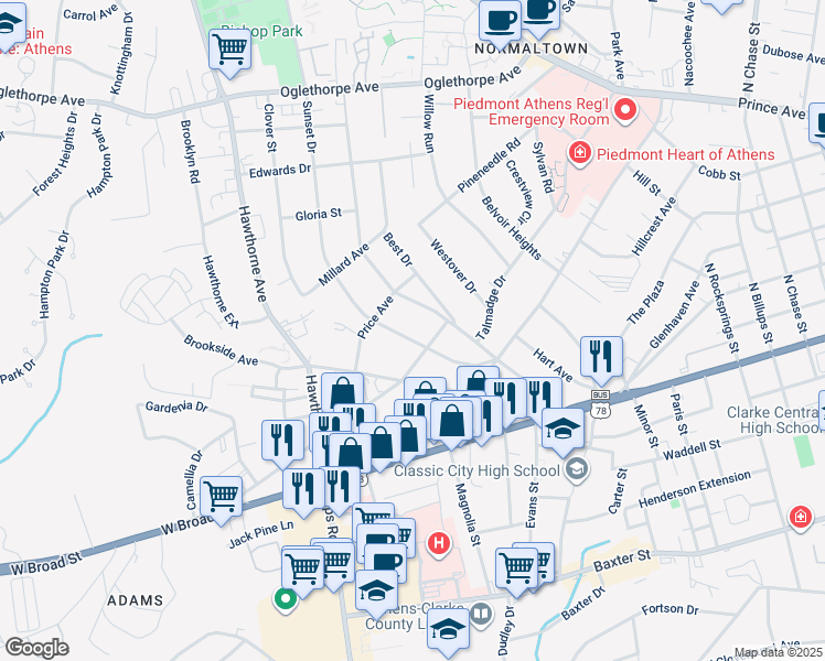 map of restaurants, bars, coffee shops, grocery stores, and more near 230 Sunset Drive in Athens