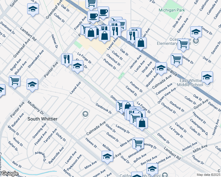 map of restaurants, bars, coffee shops, grocery stores, and more near 13903 Dittmar Drive in Whittier