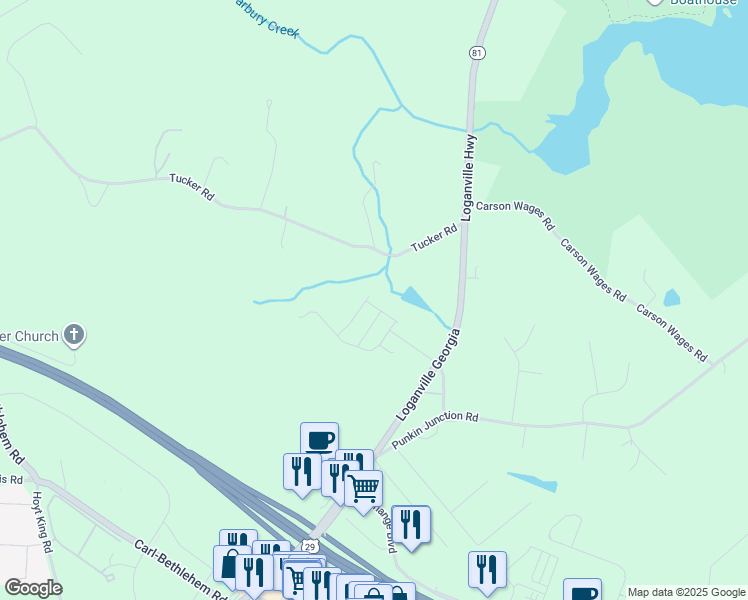 map of restaurants, bars, coffee shops, grocery stores, and more near 761 Loganville Highway in Winder