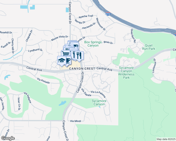 map of restaurants, bars, coffee shops, grocery stores, and more near 847 Via Sierra Nevada in Riverside