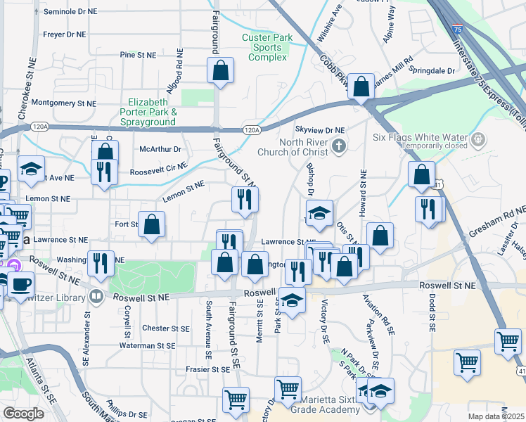 map of restaurants, bars, coffee shops, grocery stores, and more near 106 Fairground Street Northeast in Marietta