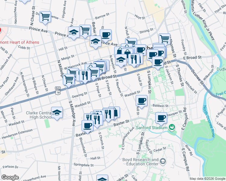 map of restaurants, bars, coffee shops, grocery stores, and more near 291 South Finley Street in Athens