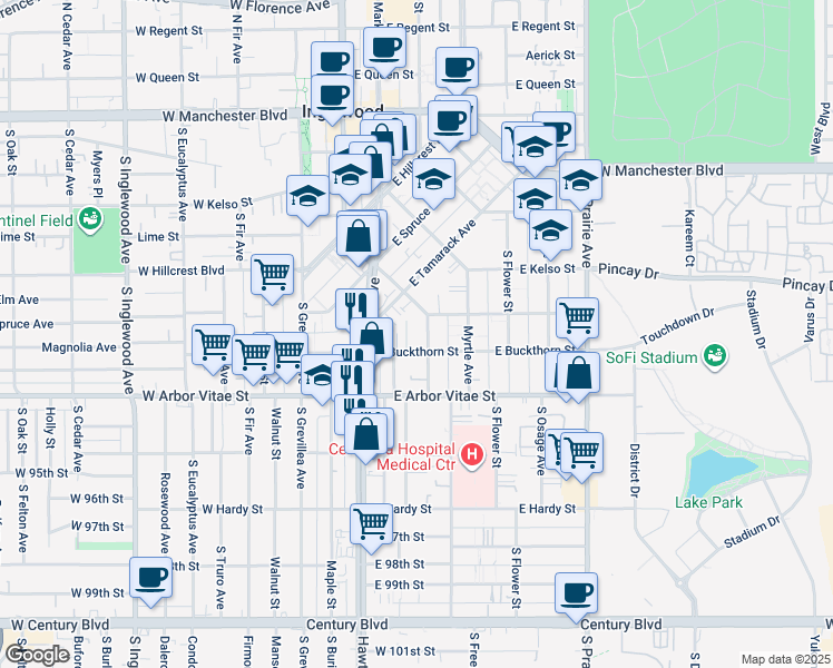 map of restaurants, bars, coffee shops, grocery stores, and more near 715 Larch Street in Inglewood