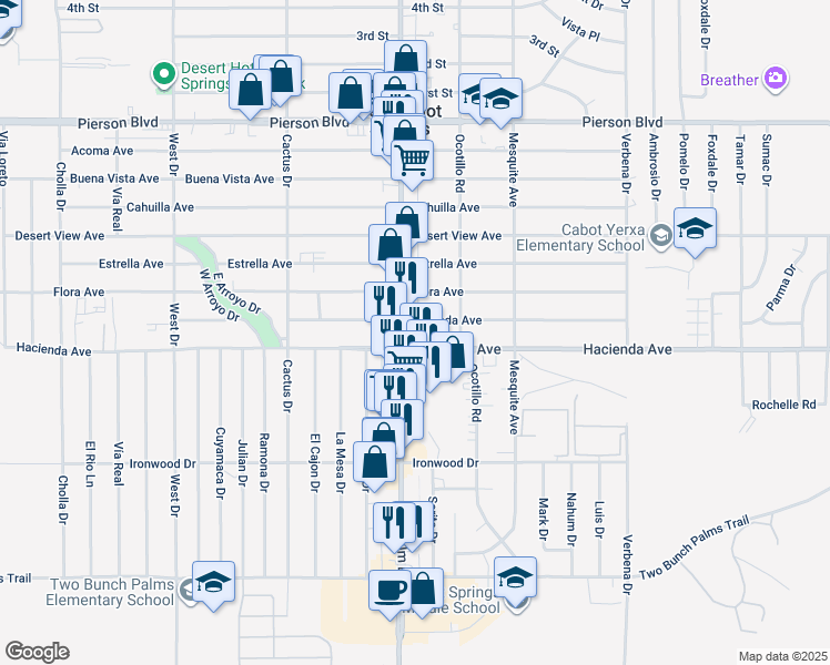 map of restaurants, bars, coffee shops, grocery stores, and more near 13180 Palm Drive in Desert Hot Springs