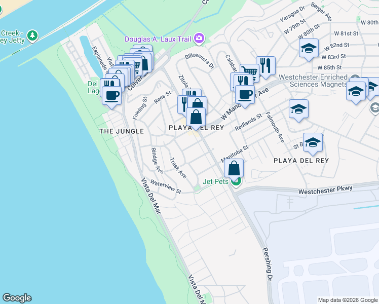 map of restaurants, bars, coffee shops, grocery stores, and more near 401 Redlands Street in Los Angeles
