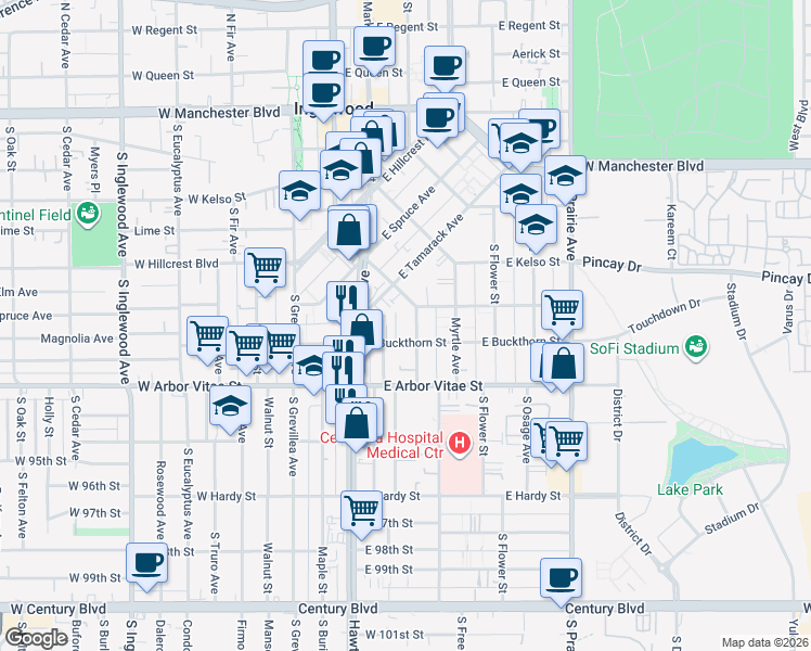 map of restaurants, bars, coffee shops, grocery stores, and more near 715 Larch Street in Inglewood