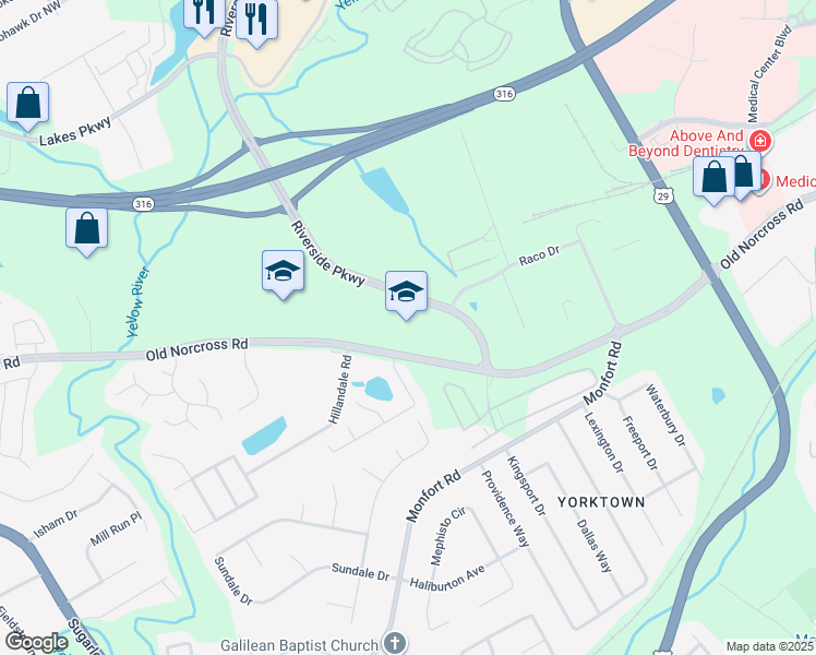 map of restaurants, bars, coffee shops, grocery stores, and more near 1221 Old Norcross Road in Lawrenceville