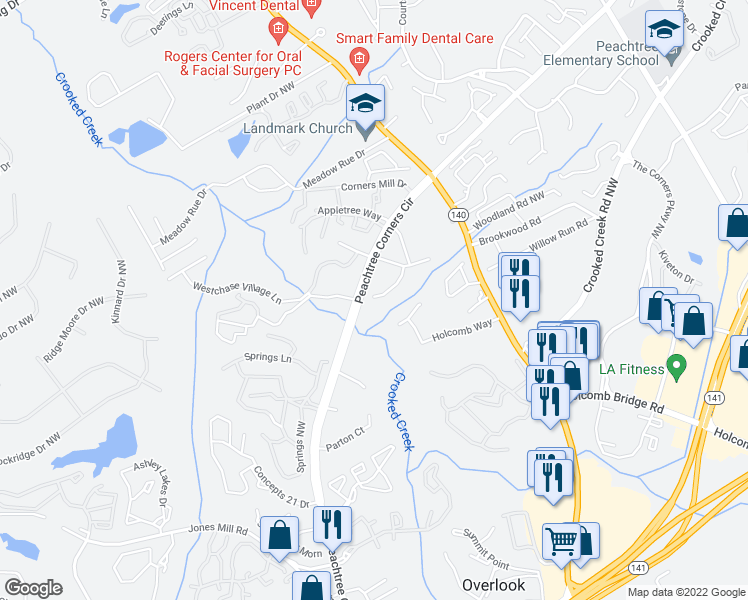 map of restaurants, bars, coffee shops, grocery stores, and more near 6330 Brandywine Trail in Norcross