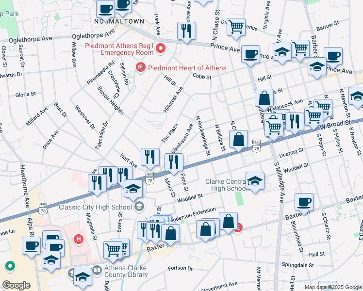 map of restaurants, bars, coffee shops, grocery stores, and more near 1382 West Hancock Avenue in Athens