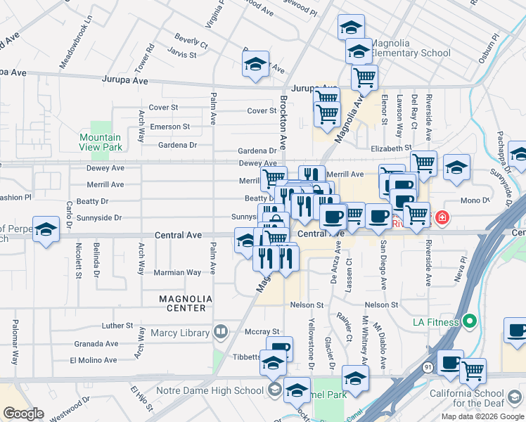 map of restaurants, bars, coffee shops, grocery stores, and more near 4158 Sunnyside Drive in Riverside