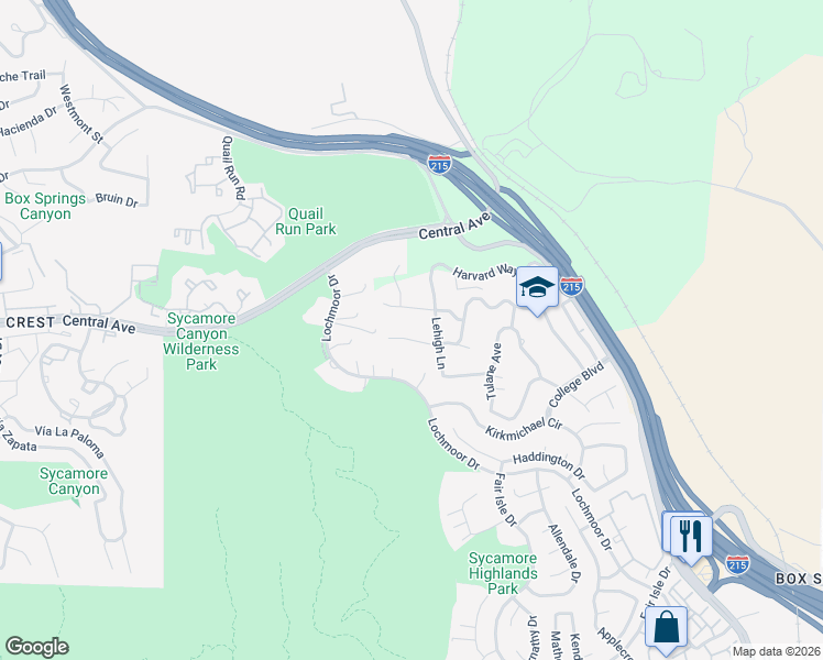 map of restaurants, bars, coffee shops, grocery stores, and more near 20112 West Point Drive in Riverside