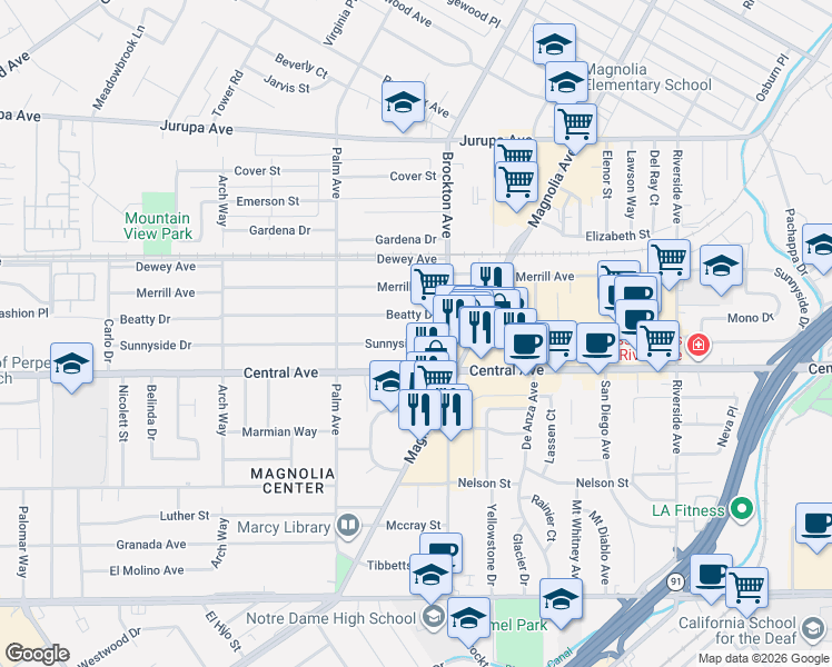 map of restaurants, bars, coffee shops, grocery stores, and more near 4158 Sunnyside Drive in Riverside