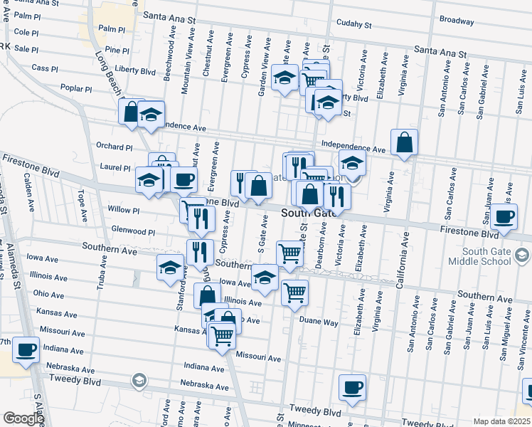 map of restaurants, bars, coffee shops, grocery stores, and more near 8937 South Gate Avenue in South Gate