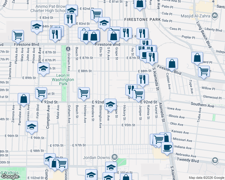 map of restaurants, bars, coffee shops, grocery stores, and more near in Florence-Graham
