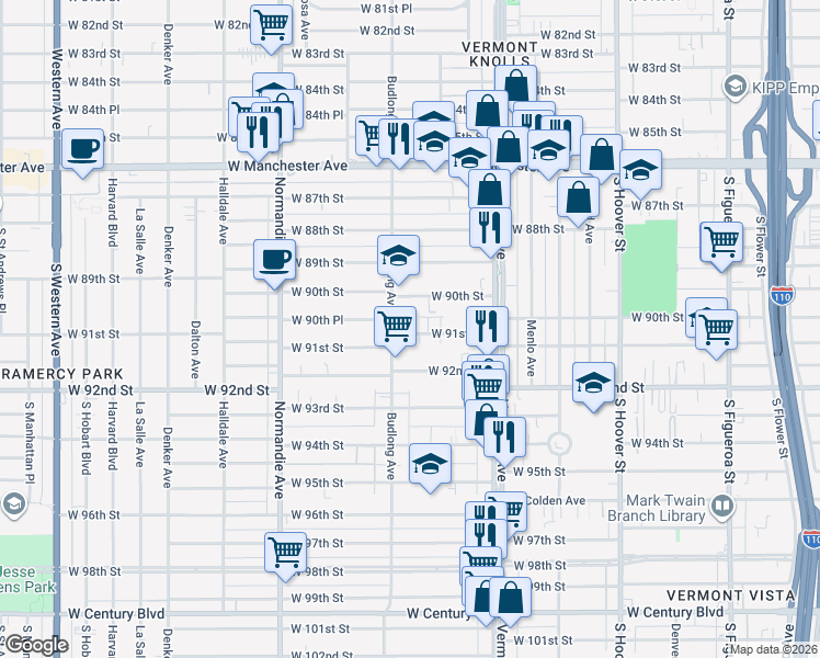 map of restaurants, bars, coffee shops, grocery stores, and more near 1120 West 91st Street in Los Angeles