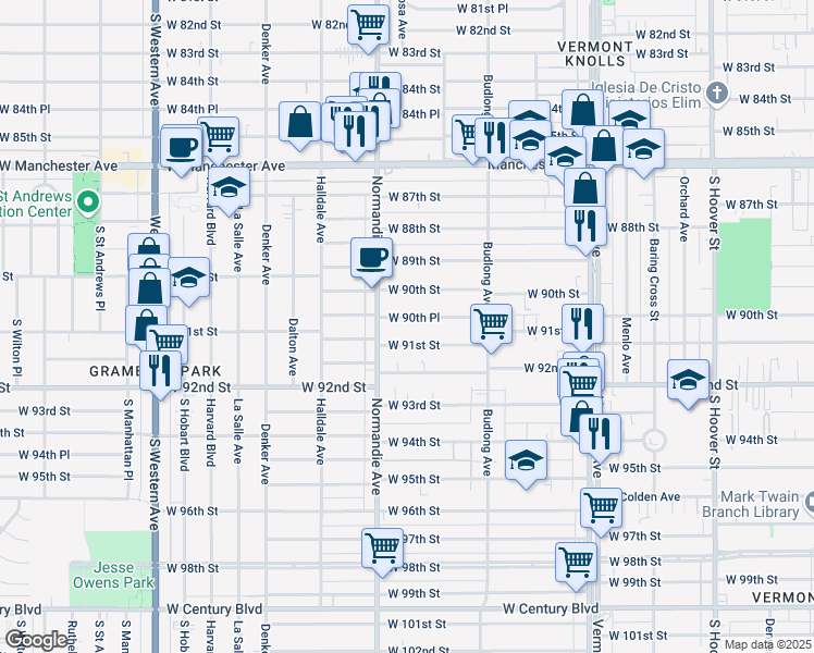 map of restaurants, bars, coffee shops, grocery stores, and more near 1324 West 91st Street in Los Angeles
