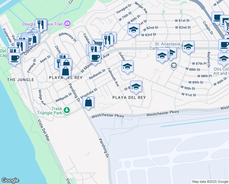 map of restaurants, bars, coffee shops, grocery stores, and more near 8707 Falmouth Avenue in Los Angeles