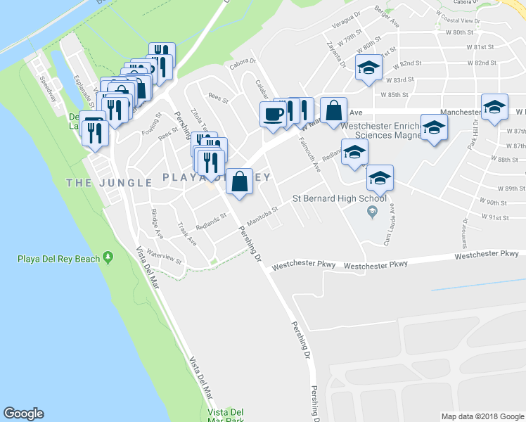 map of restaurants, bars, coffee shops, grocery stores, and more near 8354 Manitoba Street in Los Angeles