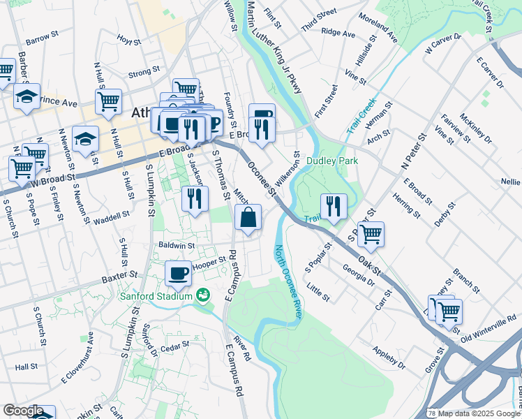 map of restaurants, bars, coffee shops, grocery stores, and more near 220 Williams Street in Athens