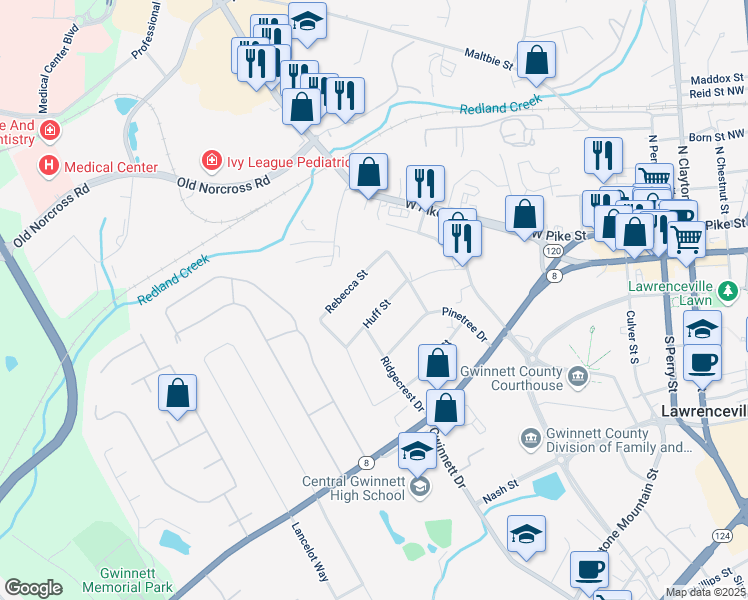 map of restaurants, bars, coffee shops, grocery stores, and more near 566 Huff Street in Lawrenceville