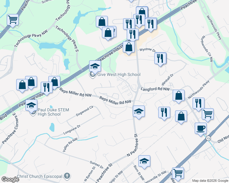 map of restaurants, bars, coffee shops, grocery stores, and more near 5220 Reps Trce in Norcross