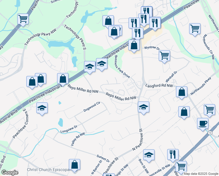 map of restaurants, bars, coffee shops, grocery stores, and more near 5751 Reps Trce in Norcross
