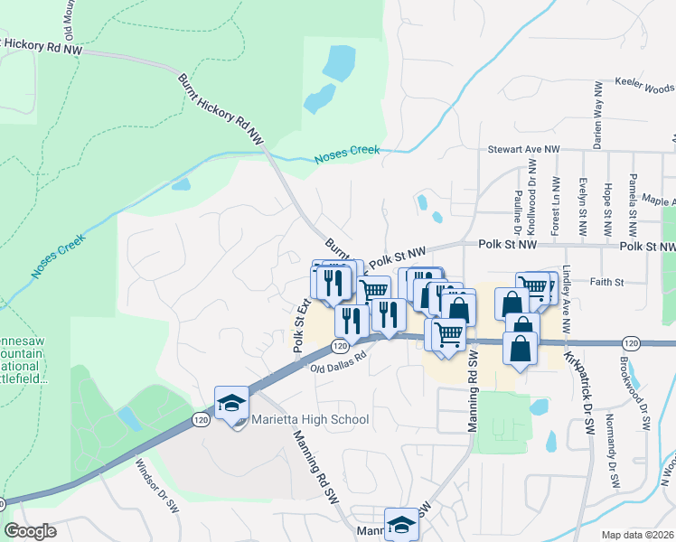 map of restaurants, bars, coffee shops, grocery stores, and more near 1001 Polk Street Extension in Marietta