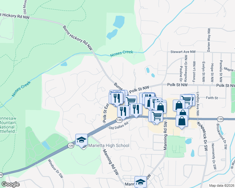 map of restaurants, bars, coffee shops, grocery stores, and more near 908 Burnt Hickory Circle Northwest in Marietta