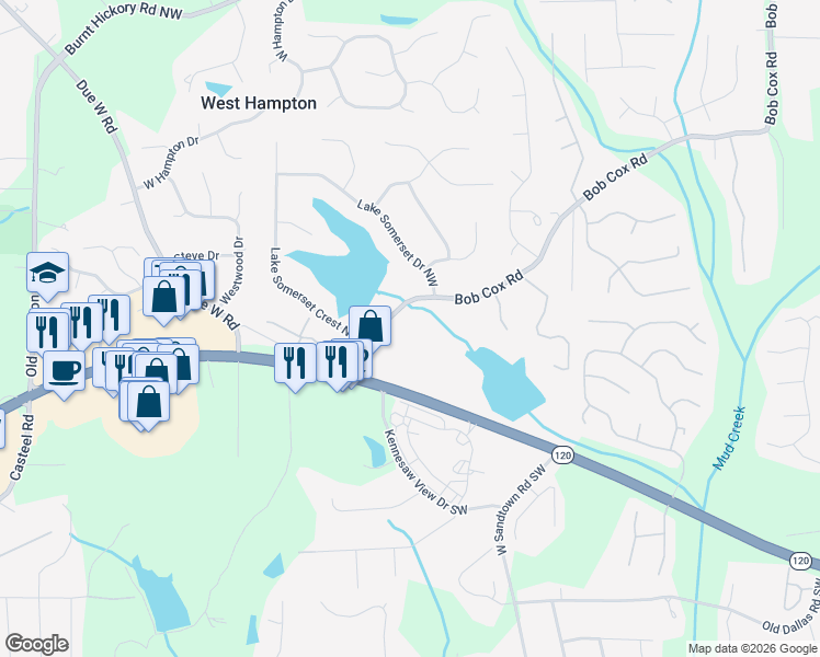 map of restaurants, bars, coffee shops, grocery stores, and more near 3275 Bob Cox Road in Marietta