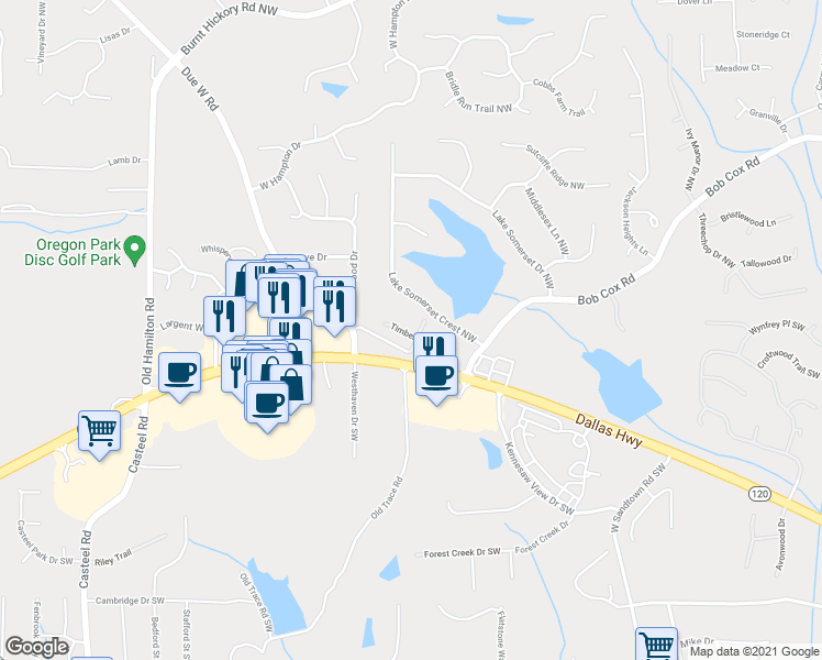 map of restaurants, bars, coffee shops, grocery stores, and more near 3415 Old Due West Road Northwest in Marietta