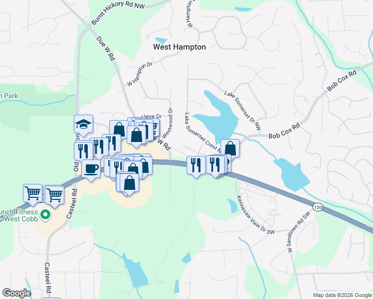 map of restaurants, bars, coffee shops, grocery stores, and more near 3456 Dallas Highway in Marietta