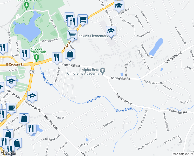 map of restaurants, bars, coffee shops, grocery stores, and more near 230 Britt Drive in Lawrenceville