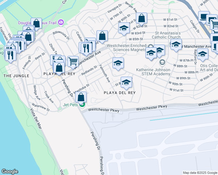 map of restaurants, bars, coffee shops, grocery stores, and more near 8711 Falmouth Avenue in Los Angeles