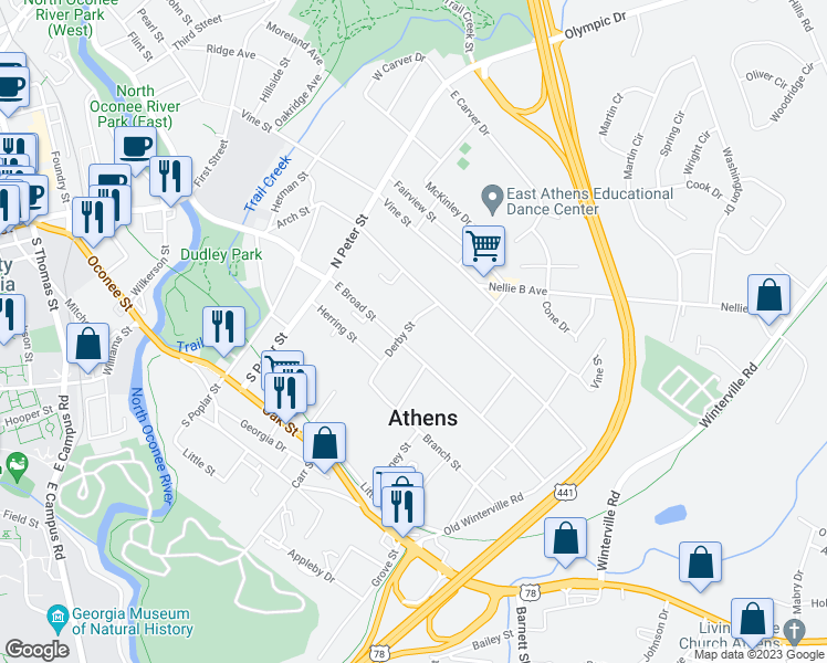 map of restaurants, bars, coffee shops, grocery stores, and more near 1539 East Broad Street in Athens