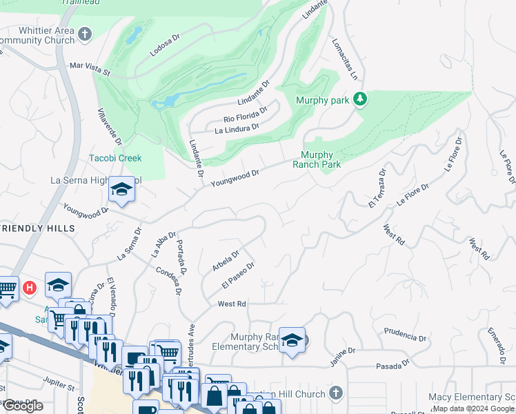 map of restaurants, bars, coffee shops, grocery stores, and more near 15946 Carmenia Drive in Whittier